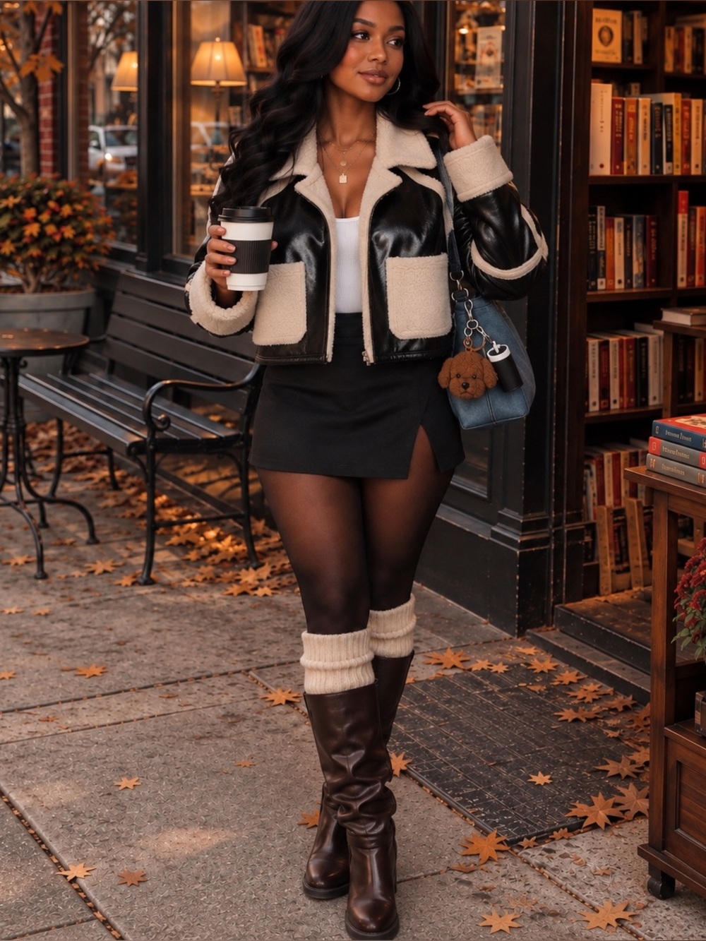 Steve Madden Black Faux Leather Jacket with Cream Sherpa Trim